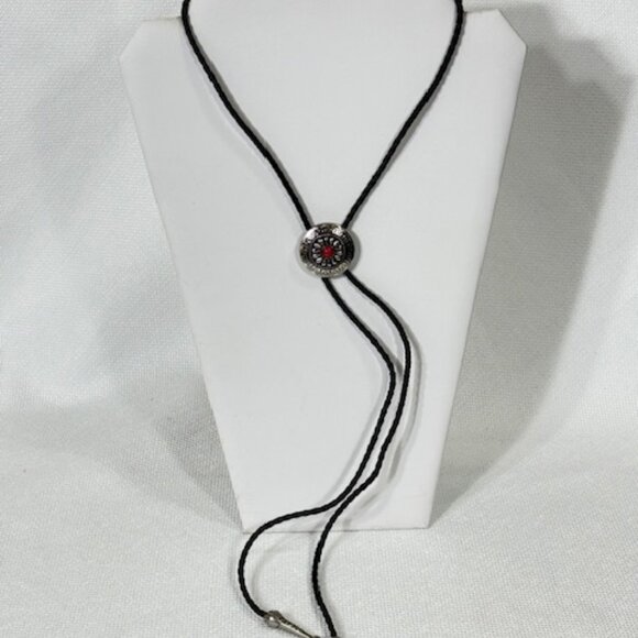 Silver-tone and black cord western cowboy bolo tie. - Picture 2 of 6